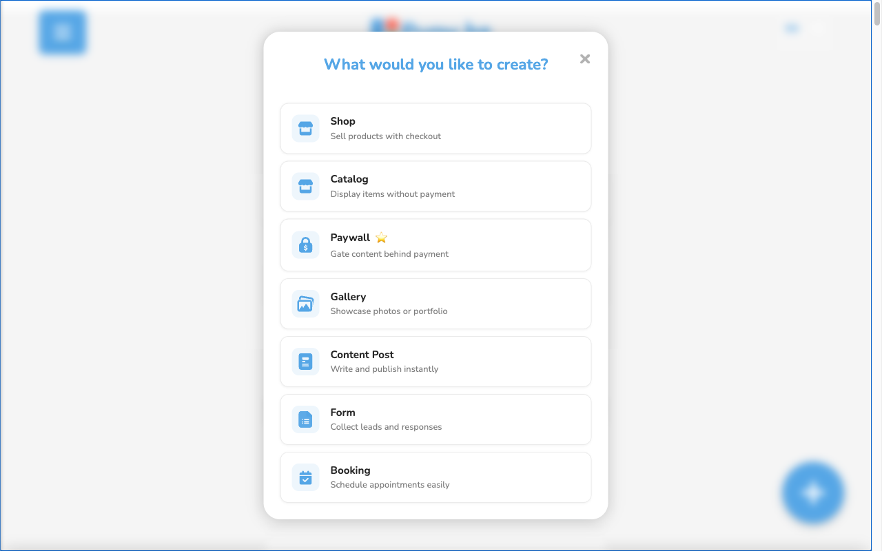 Modal para crear un nuevo Puny mostrando las opciones disponibles
