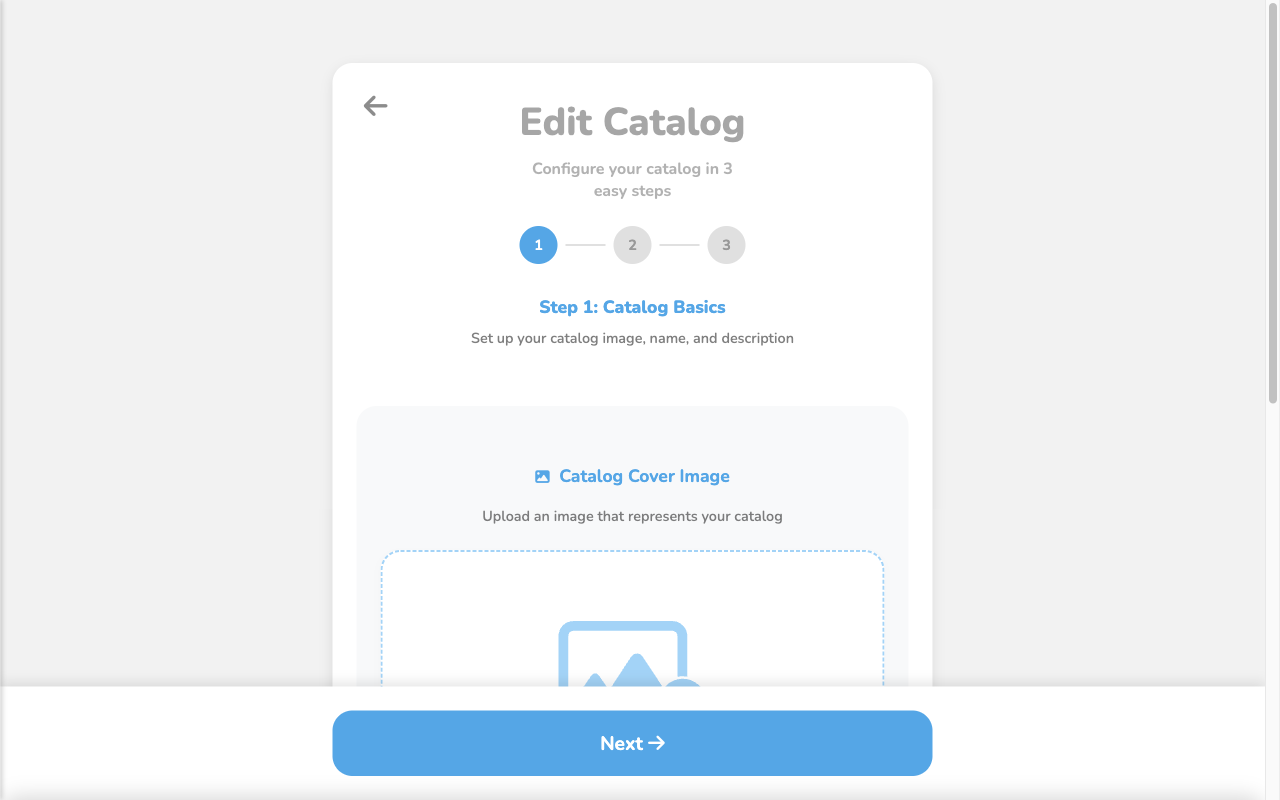 Editor de catálogo mostrando el Paso 1: Catalog Basics