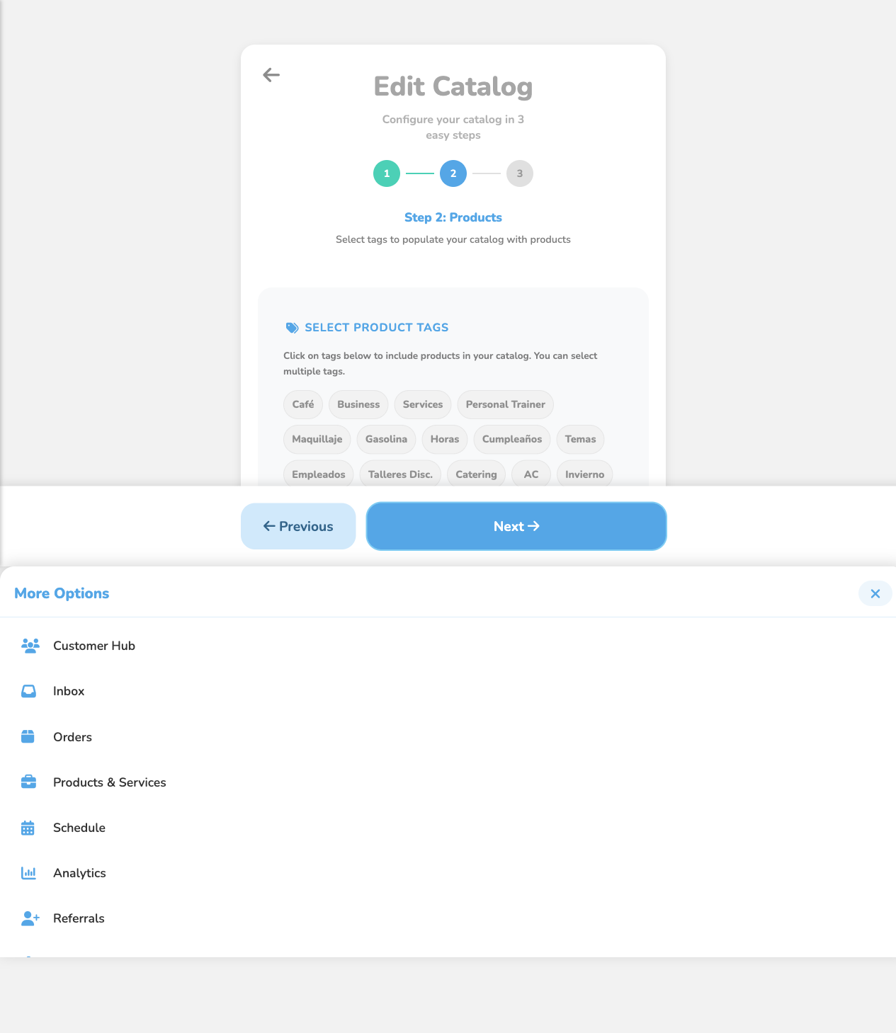 Catalog editor showing Step 2 with the list of available tags