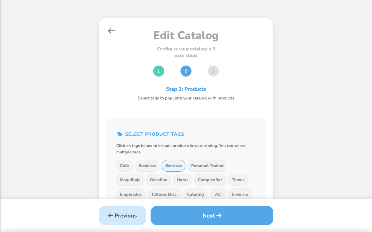 Catalog with tag selected and products loaded in the preview